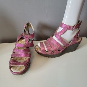 Fly London Yeba Metallic Wedge Sandal, VGUC, Size 37
